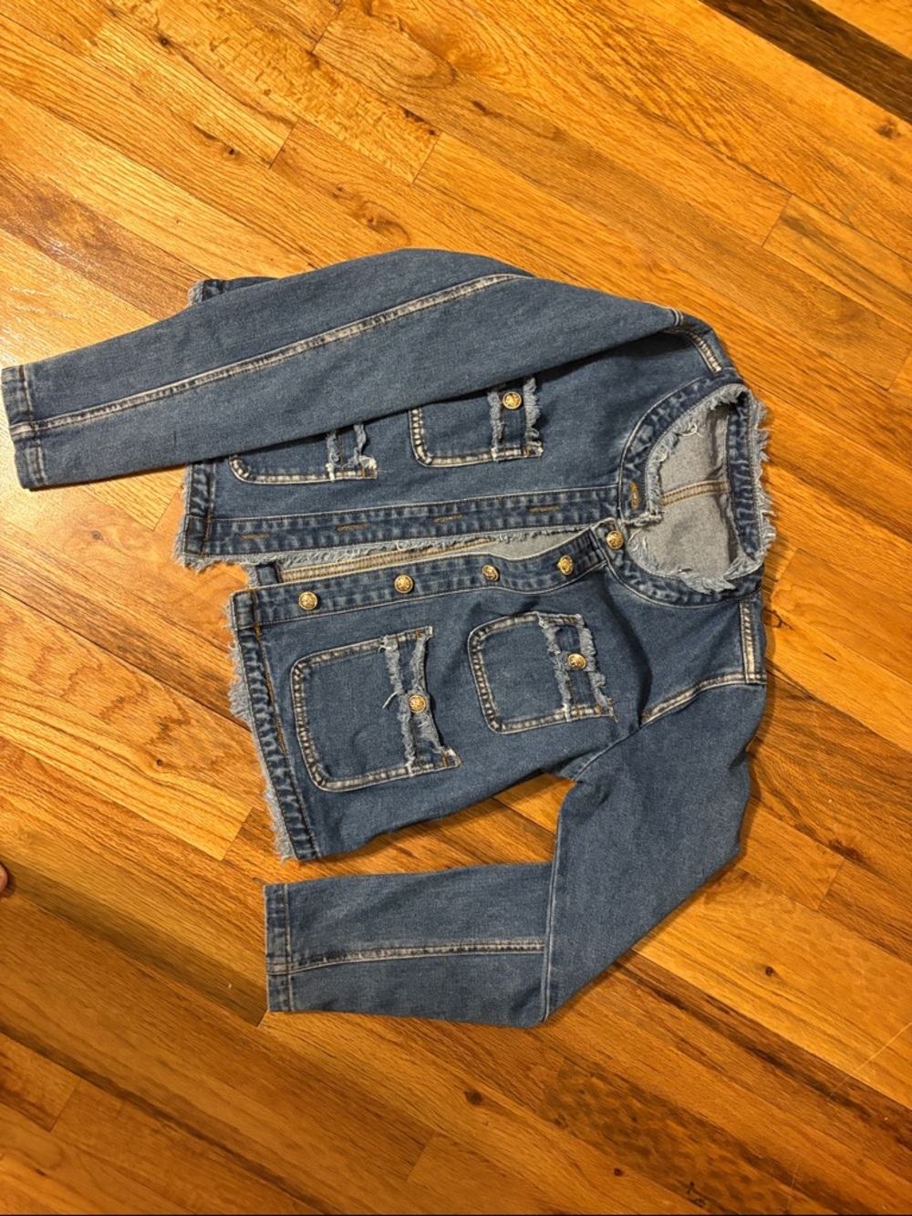 Frayed Hem Blue Denim Jacket with Gold Buttons